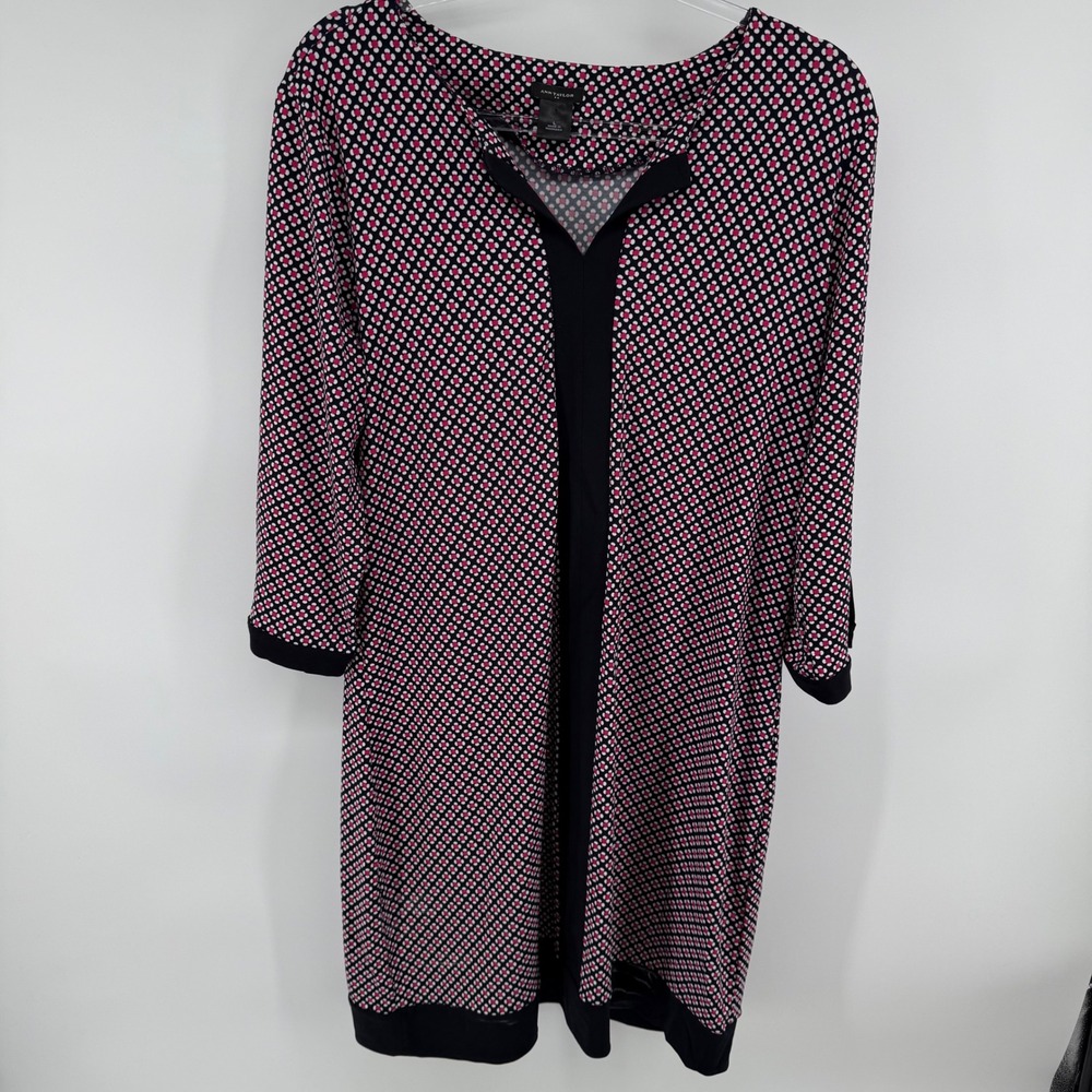 Ann Taylor Dress‎ Size L Geometric Print V Neck 3/4 Sleeve Black Pink White